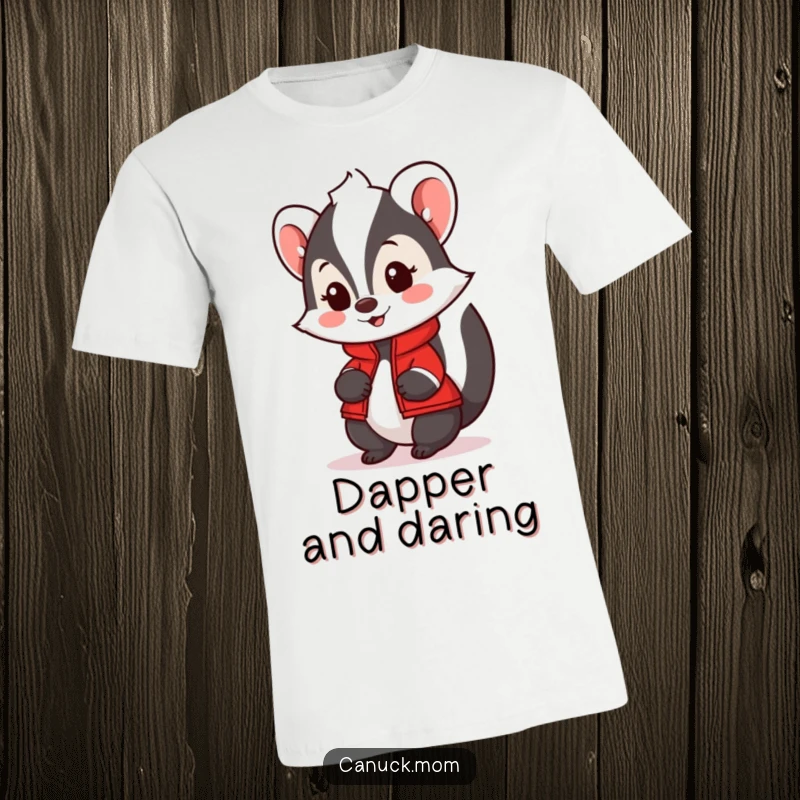 Funny Skunk T-Shirt with a small red jacket, radiating friendliness and charm, a humorous apparel choice.