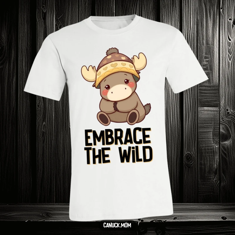 Funny t-shirt featuring an animal character in a toque, giving a moose a warm, friendly hug.