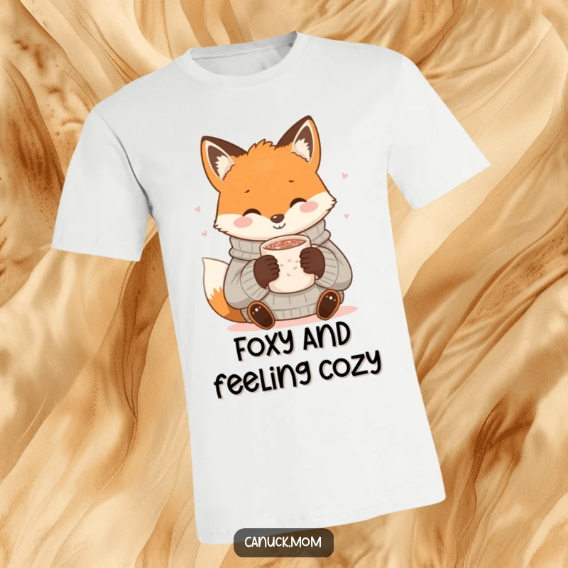 Funny Fox Cocoa T-Shirt: A smiling fox in a cozy sweater enjoys hot cocoa, a heartwarming and funny design.