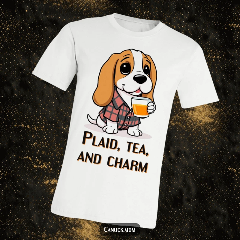 Funny Basset Hound T-Shirt: A cozy Basset Hound dressed in a plaid shirt holds out a cup of tea, radiating warmth.