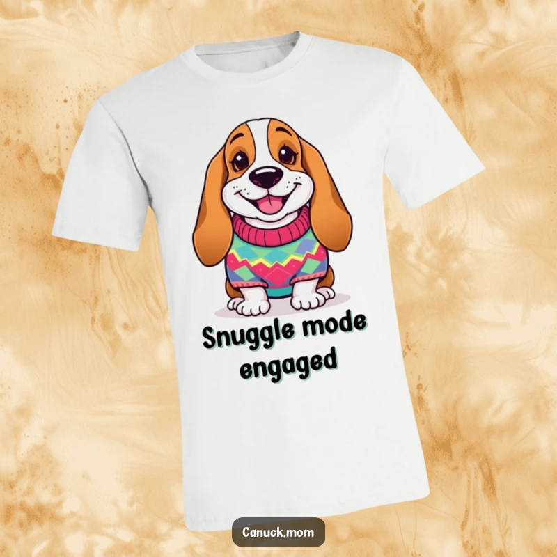 Funny Basset Hound T-Shirt: A happy dog smiles brightly while wearing a festive, colorful knitted sweater.