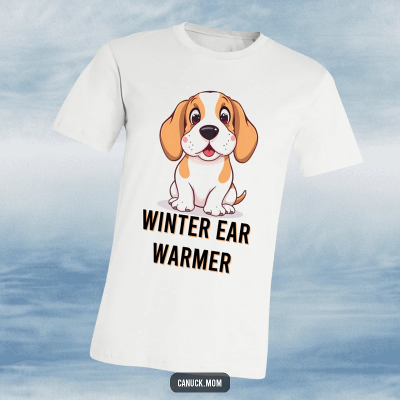 Funny t-shirt featuring a Basset Hound wearing earmuffs, looking amused by the gentle descent of snowflakes.