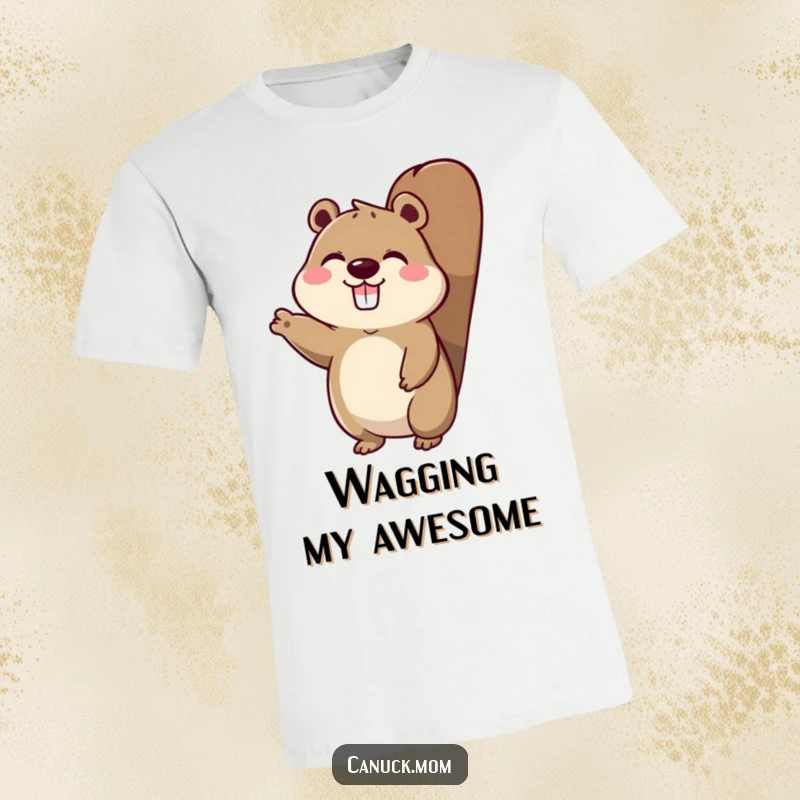 Funny t-shirt featuring an animal character with a beaver tail, enthusiastically waving a friendly greeting.