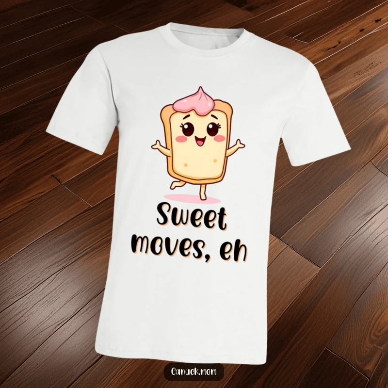 Funny Butter Tart T-Shirt with a cheerful, dancing tart character, great for foodies and a funny gift.