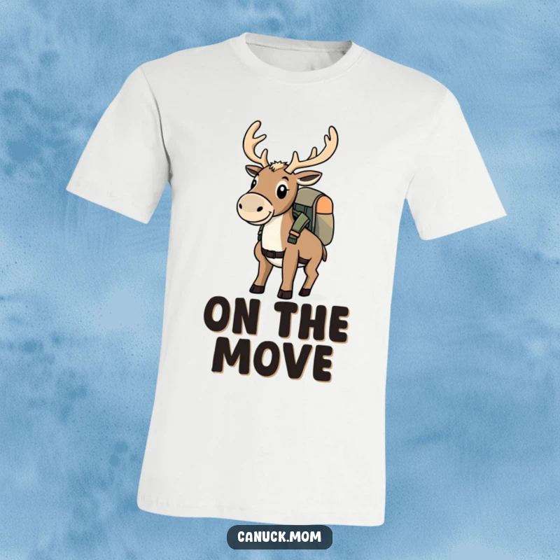 Funny determined caribou wearing a backpack, ready for an adventure on a t-shirt.