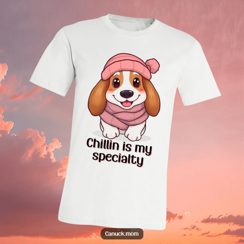 Funny Basset Hound T-Shirt: A smiling Basset Hound wearing a winter scarf and toque, exuding cozy charm.