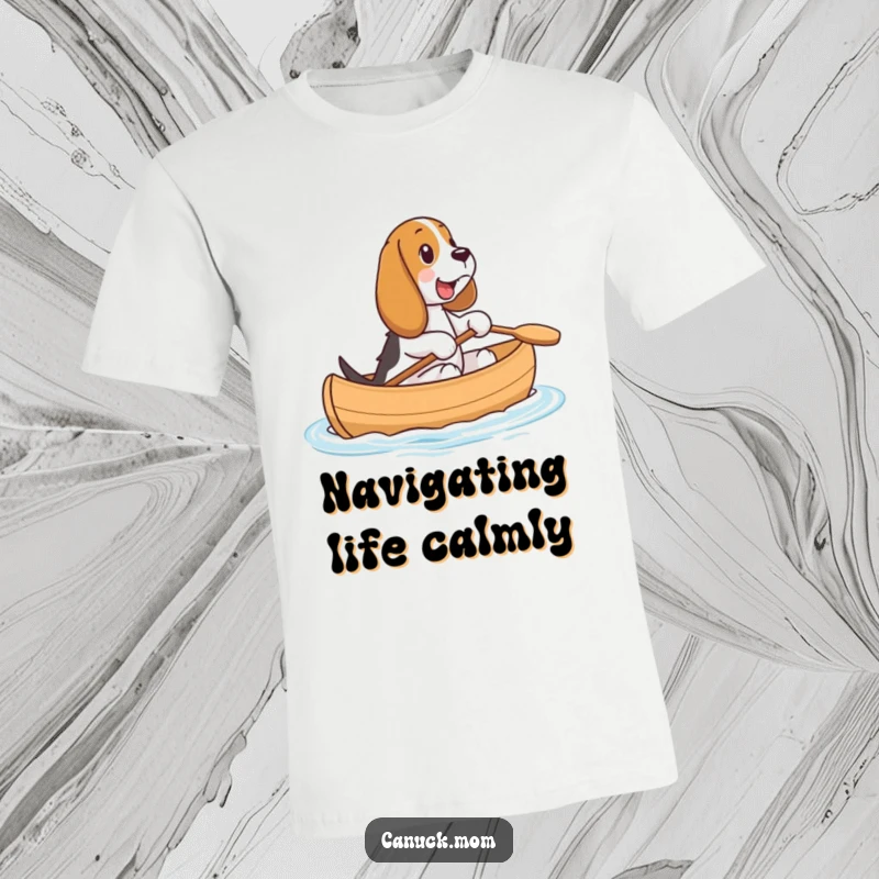 Funny Dog in Canoe T-Shirt: A joyful Basset Hound enthusiastically rides in a miniature canoe, embodying pure happiness.