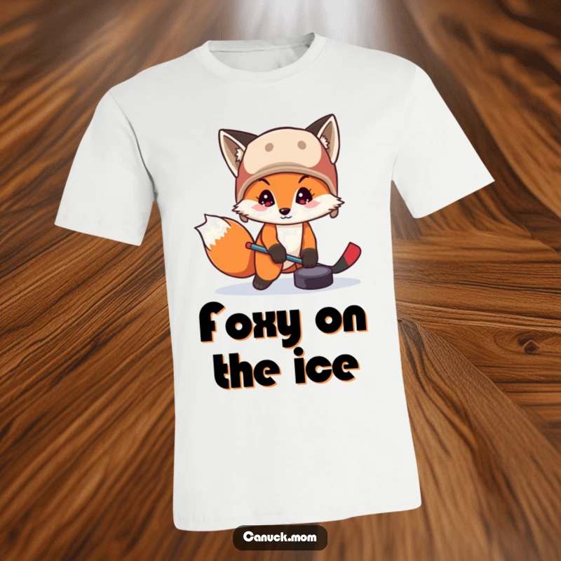 Funny fox wearing a trapper hat, skillfully playing hockey with a puck on a t-shirt, embodying sporty fun.