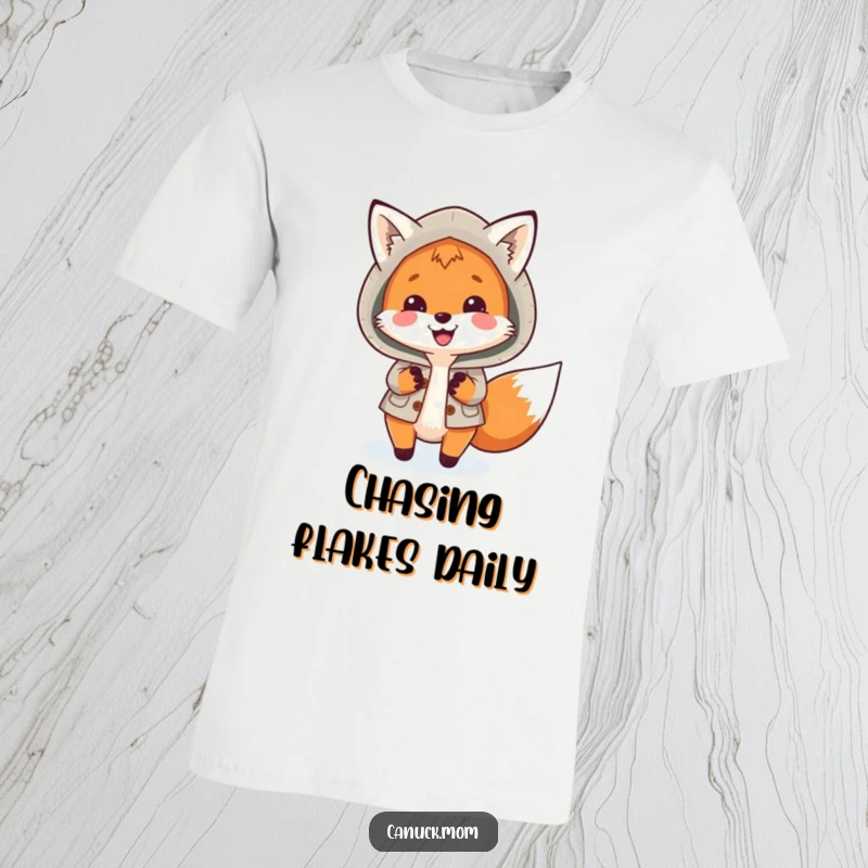 Funny Woman's Fox Parka T-Shirt: A smiling fox in a warm parka playfully chases snowflakes, radiating pure winter joy.