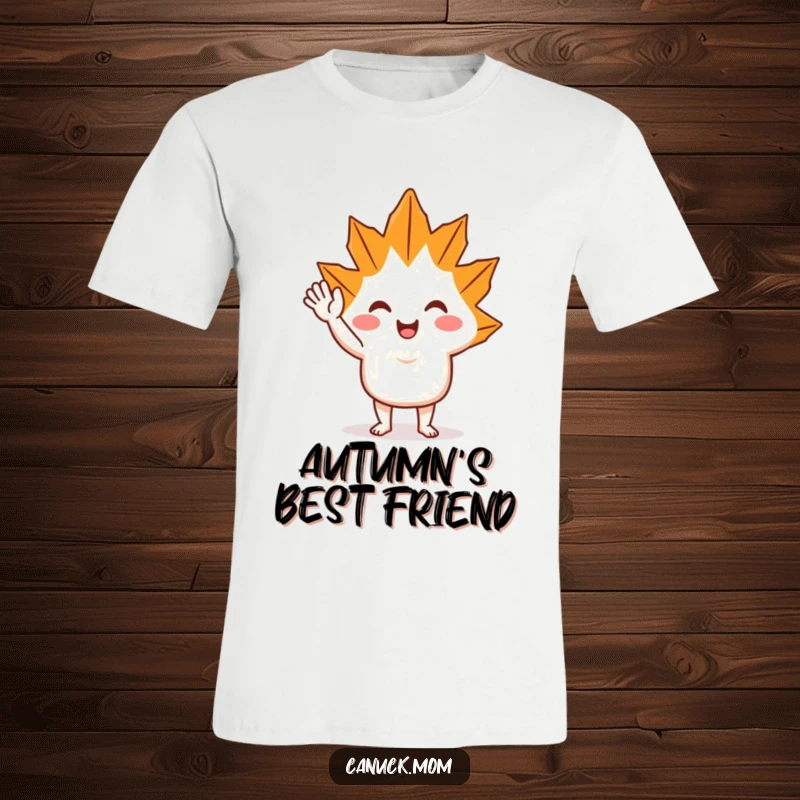 Funny Maple Leaf Wave T-Shirt: A vibrant maple leaf character giving a friendly and cheerful wave, full of joy.