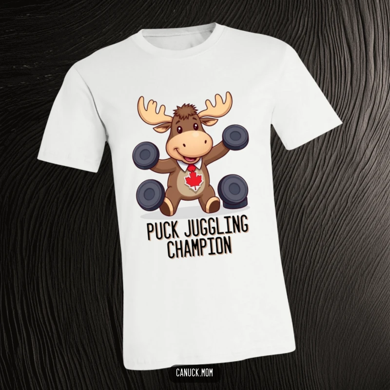 Funny moose wearing a maple leaf tie, skillfully juggling hockey pucks, perfect for Canadian sports fans.