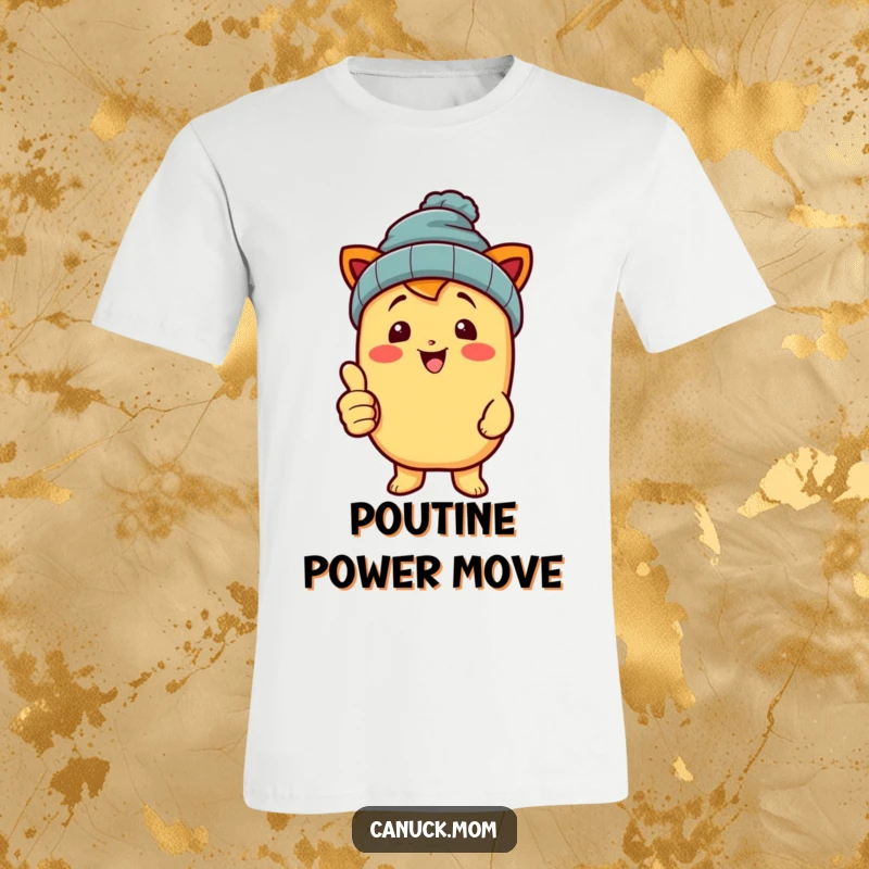 Happy poutine character wearing a beanie and giving a thumbs up, printed on a soft t-shirt.