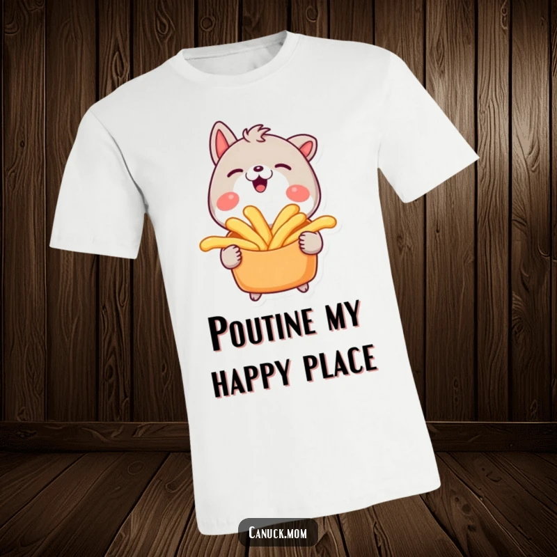 Funny t-shirt featuring an animal character smiling widely while holding a plate of poutine.