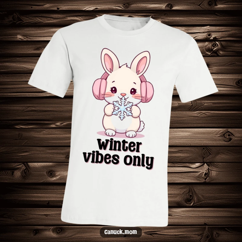 Funny rabbit in ear muffs holding a snowflake on a cozy t-shirt, perfect winter apparel and gift.