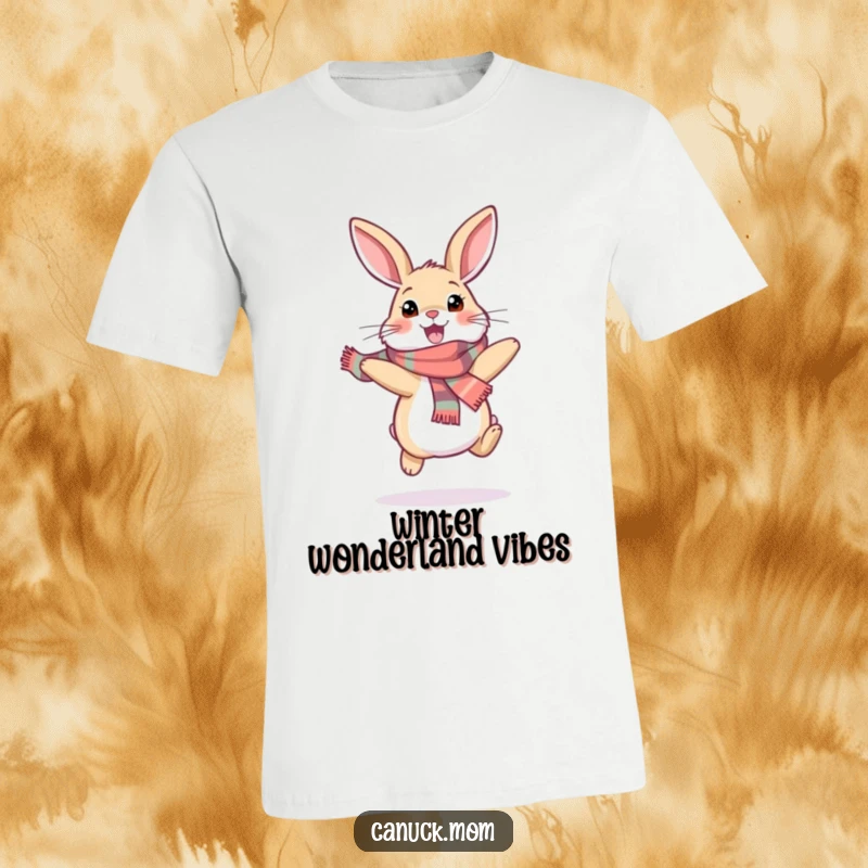 Funny snowshoe hare t-shirt showing a happy bunny adorned with a scarf, hopping with pure excitement and embodying winter fun.