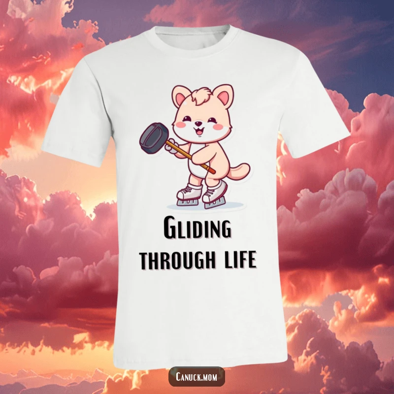 Funny animal with a hockey puck and stick, joyfully skating on ice, a humorous tee for hockey fans.