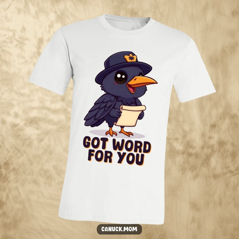 Funny Raven Mountie T-Shirt: A chatty raven in a Mountie hat clutches a scroll, designed for humorous storytelling.