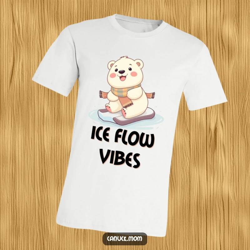 Funny kawaii baby polar bear character wearing a scarf, joyfully ice skating, on a soft t-shirt.