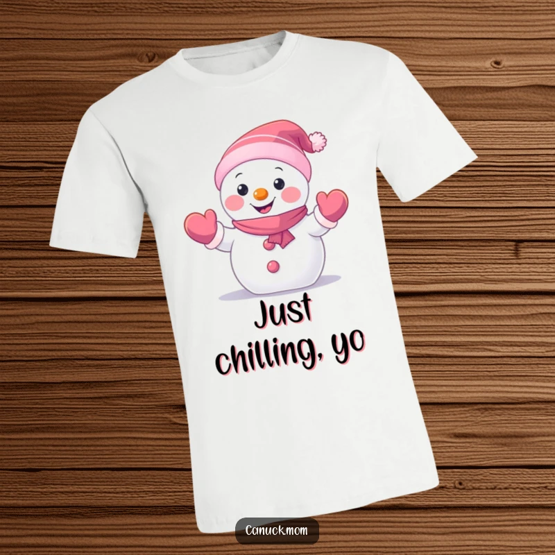 Funny Snowman T-Shirt with a happy, small snowman character wearing mittens and waving hello, great for winter fun and a funny gift.