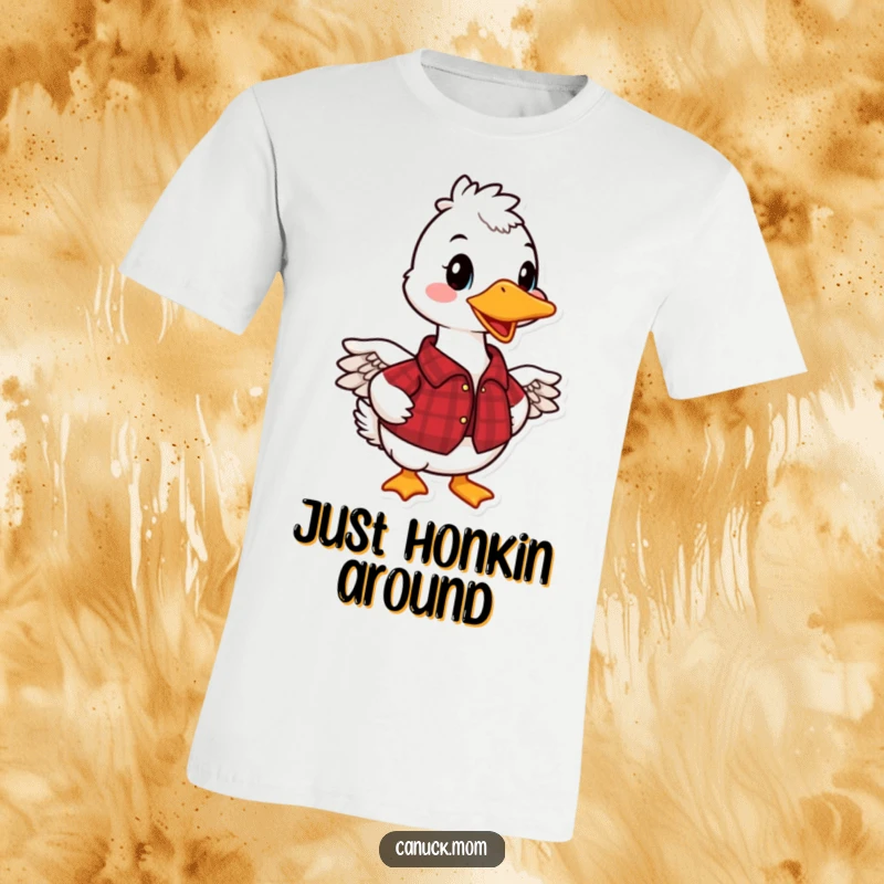 Funny Canadian Goose T-Shirt showing a smiling goose in a red plaid shirt, perfect for outdoor lovers and a funny gift.