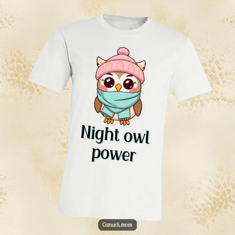 Kawaii Owl T-Shirt featuring an adorable character in a toque and scarf, perfect for cute winter fashion.