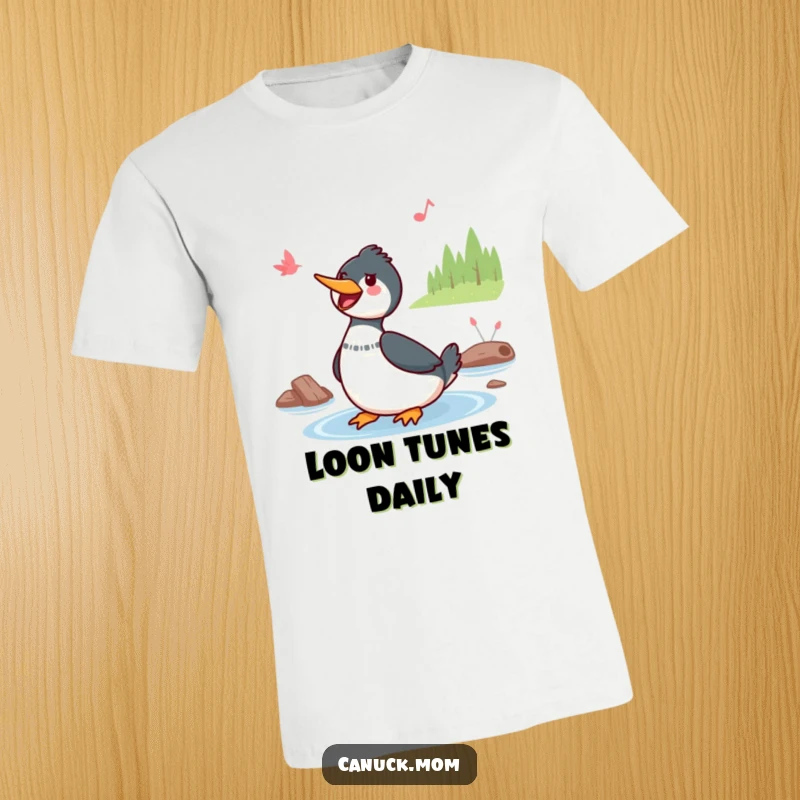Funny Kawaii Loon T-Shirt: A cute Kawaii loon sings a cheerful tune by a lake, perfect for bird lovers and happy vibes.