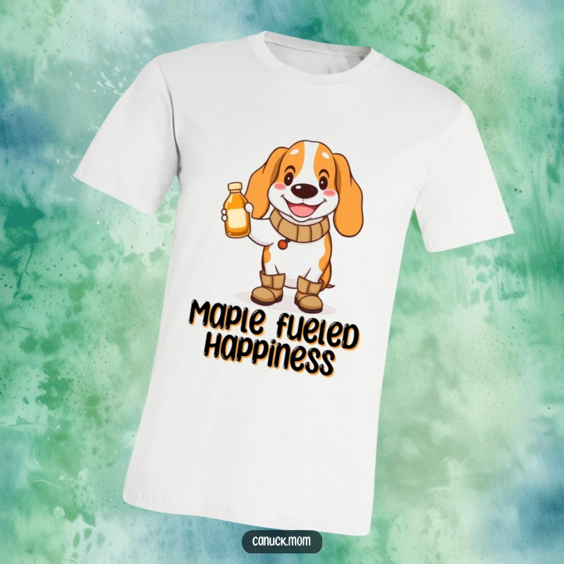 Funny Basset Hound T-Shirt: A smiling dog wearing boots holds a small bottle of maple syrup.
