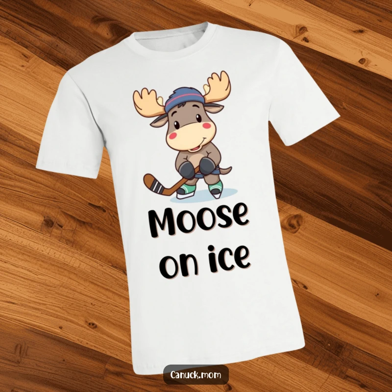 Funny and smiling moose character gripping a hockey stick, poised for action, printed on a comfortable t-shirt.