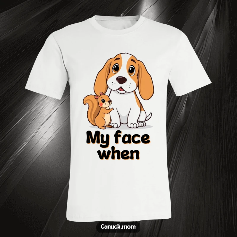 Funny Basset Hound T-Shirt: A shocked hound gazes at a squirrel, embodying comical surprise and canine bewilderment.