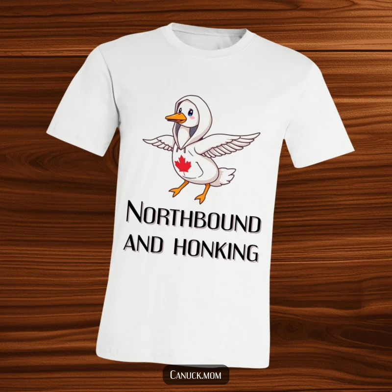 Funny goose in a Canadiana hoodie, flying north, a humorous and patriotic design for bird enthusiasts.
