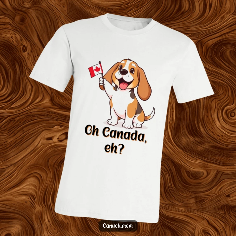 Funny Basset Hound t-shirt energetically waving a tiny Canadian flag, showcasing a cheerful and proud national spirit. This design brings smiles and patriotic joy.