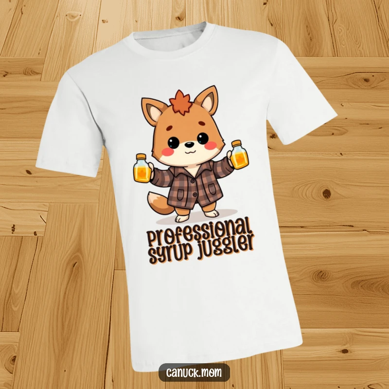 Funny Canadian animal wearing flannel shirt, expertly juggling maple syrup bottles, a humorous tee for Canadian enthusiasts.