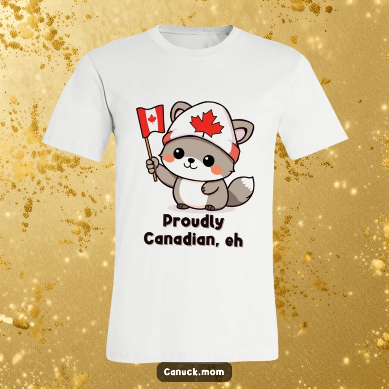 Funny Canadian animal character wearing a toque, waving a tiny Canadian flag, printed on a t-shirt, perfect funny gift.