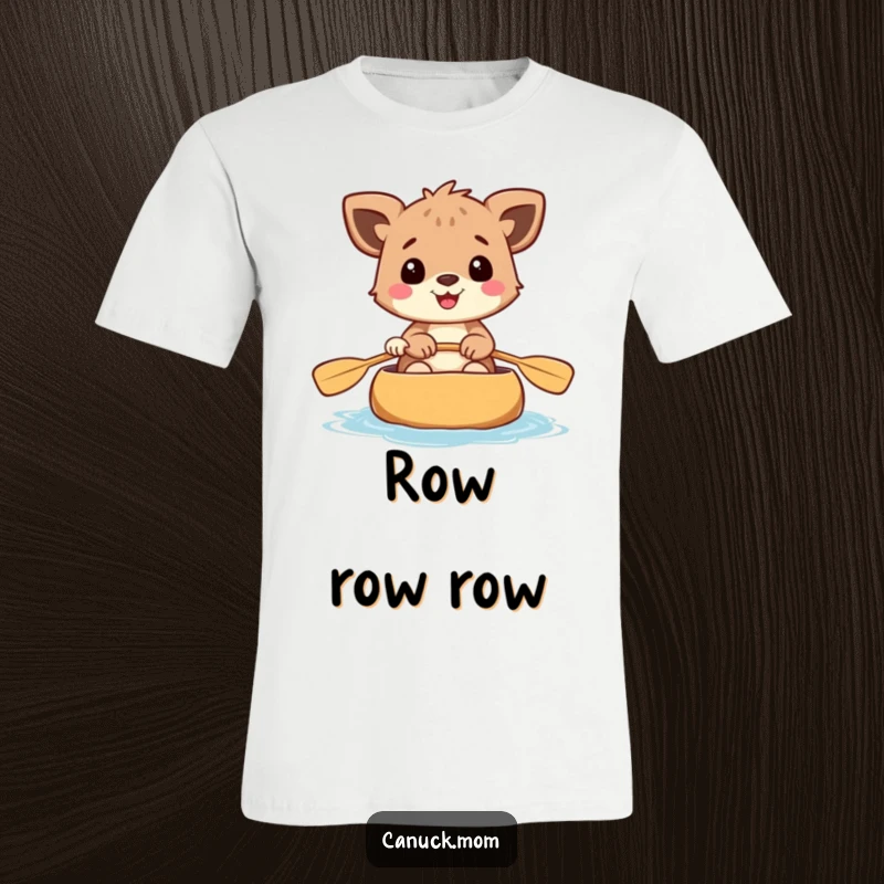 Funny animal t-shirt, gleefully paddling a canoe with a wide smile, celebrating outdoor exploration.