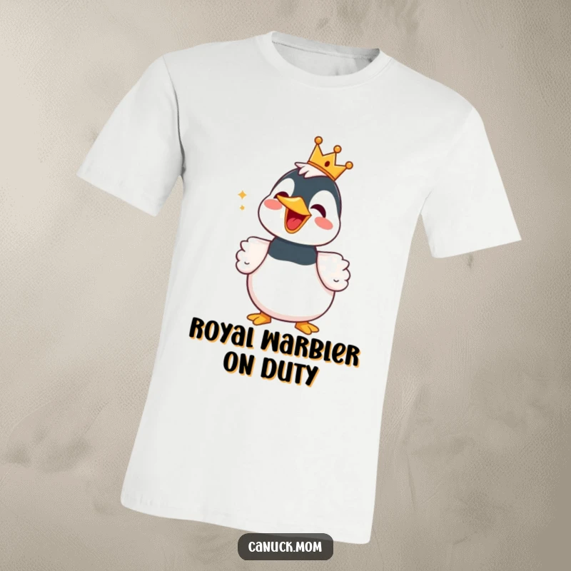 Funny Loon T-Shirt with a small crown, enthusiastically singing a happy tune, showcasing quirky humor.