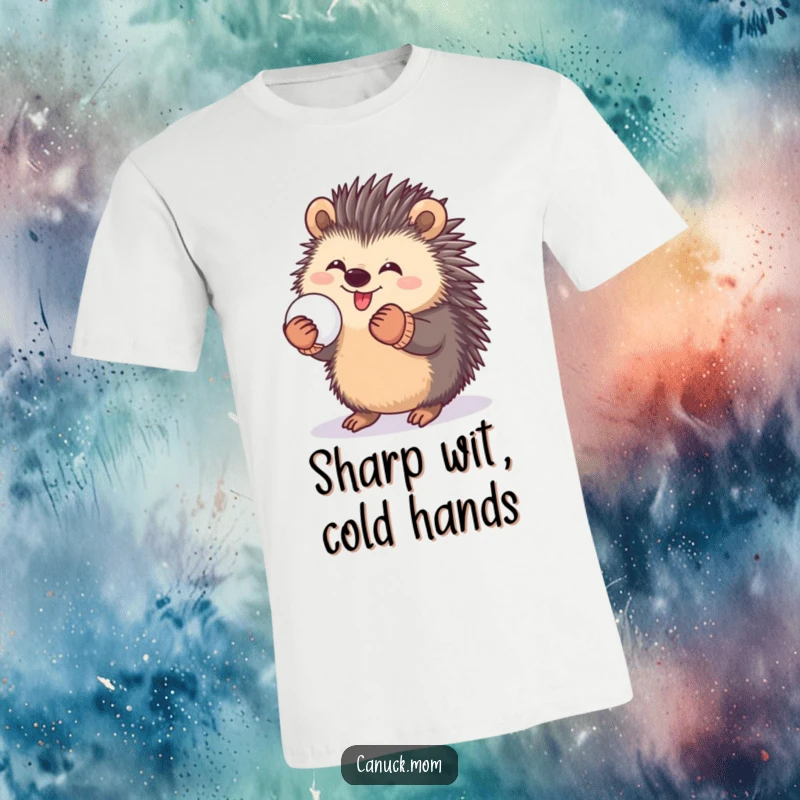 Funny T-shirt with a happy porcupine wearing mittens, playfully tossing a snowball, embodying winter excitement.