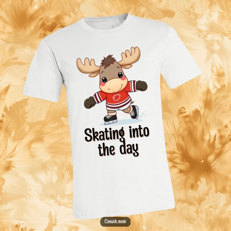 Funny moose t-shirt depicting a cheerful moose wearing a hockey jersey, mid-skate, embodying sporty fun and humor.