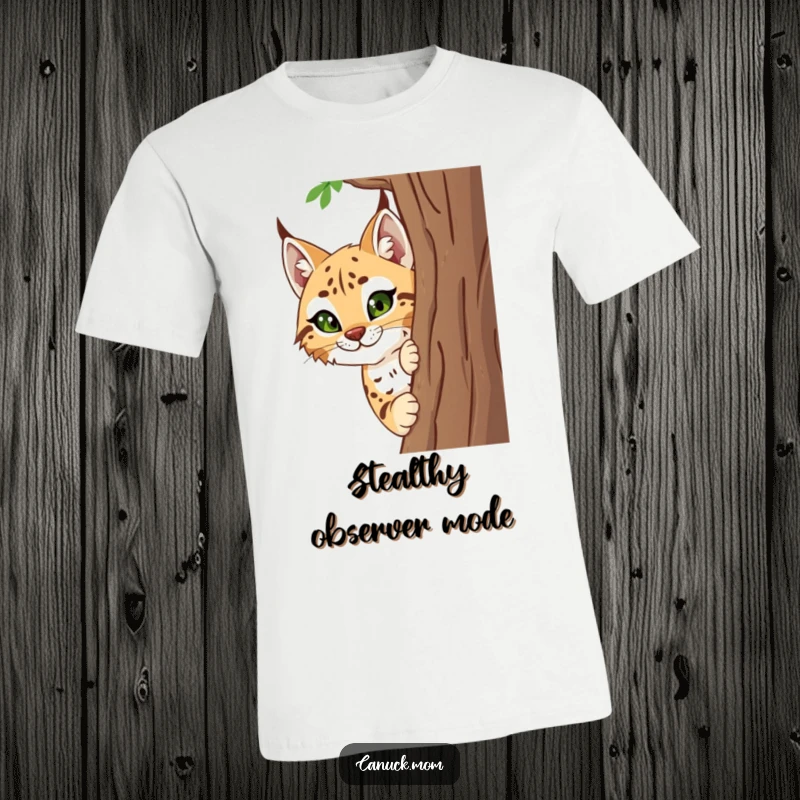 Funny Lynx T-Shirt featuring a smiling lynx peeking from behind a tree, conveying curiosity and humor.