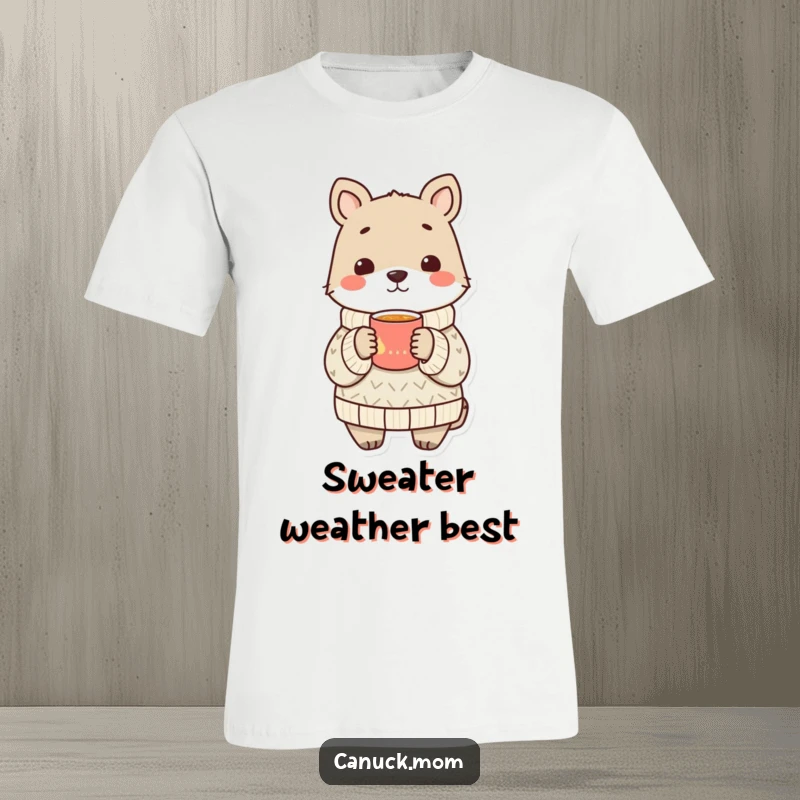 Funny animal in a cozy sweater sharing a warm drink, a soft and humorous tee.