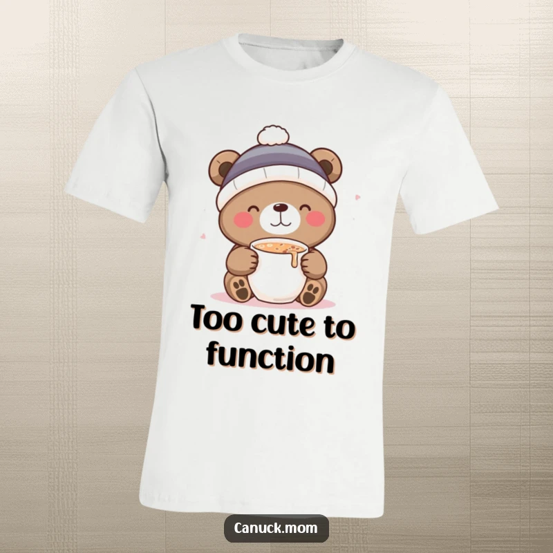 Funny T-shirt featuring a cute bear wearing a toque, happily sipping hot cocoa, bringing warmth and smiles.