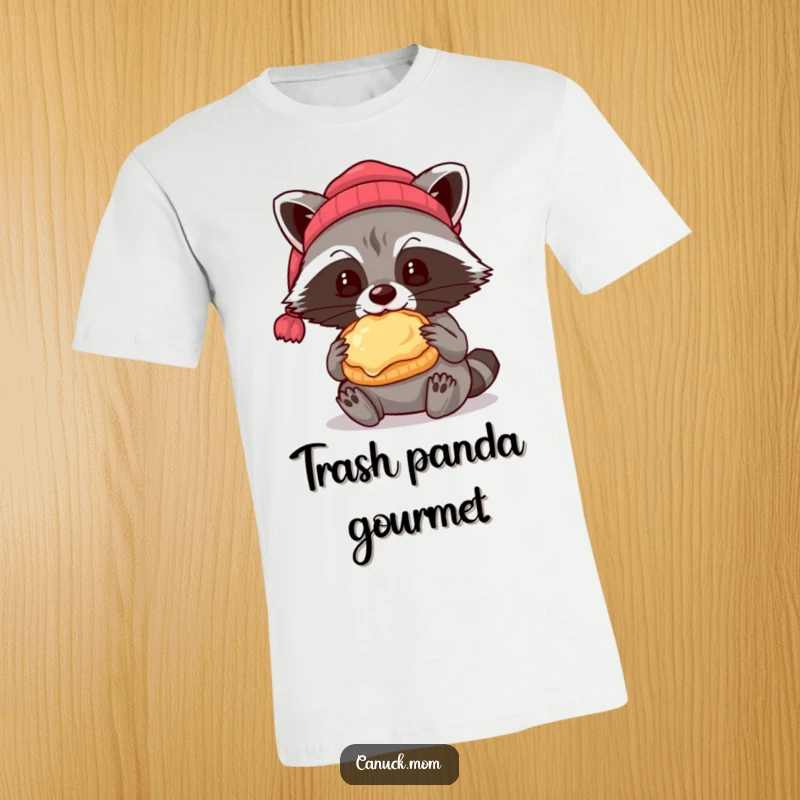 Funny raccoon wearing a beanie eating a butter tart, food-themed t-shirt for dessert lovers.