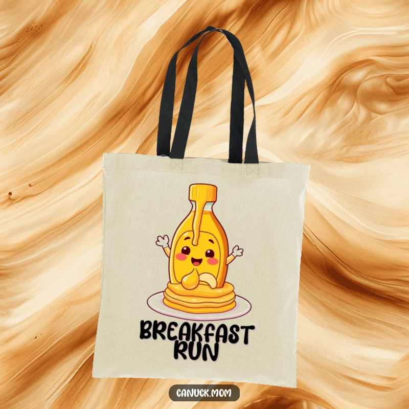 Funny maple syrup bottle character pouring syrup onto pancakes, printed on a durable tote bag.