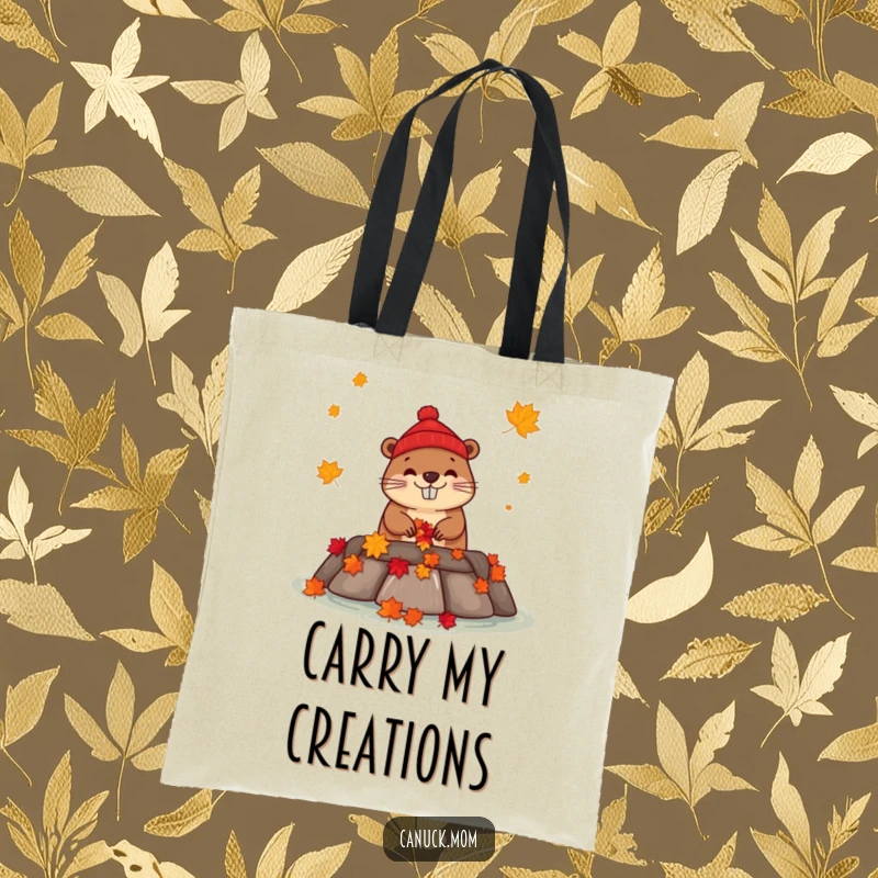 Funny beaver wearing a toque building a dam with maple leaves, on a humorous tote bag.