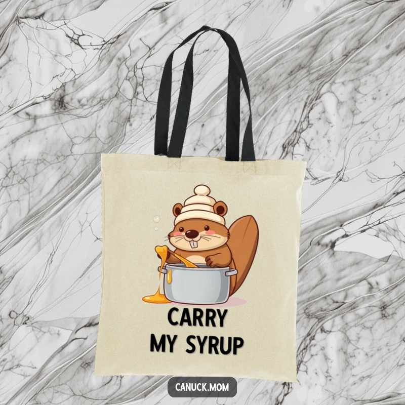 Funny beaver in a toque stirring maple syrup, on a durable tote bag, adding a touch of Canadian delight.