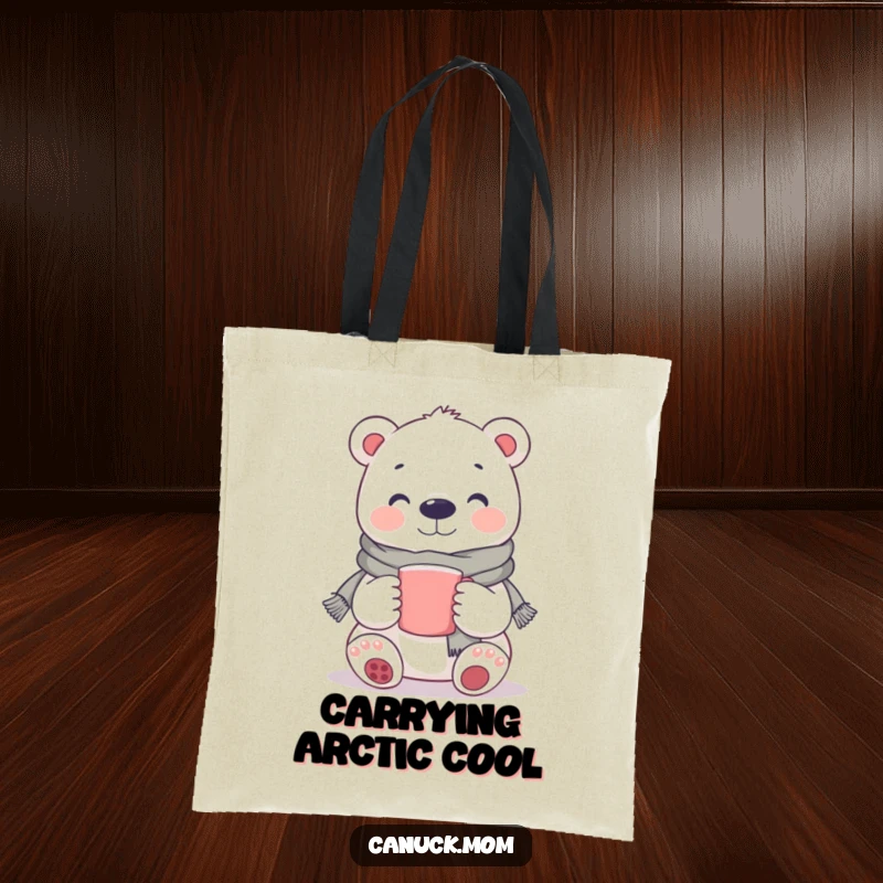 Funny Polar Bear Tote Bag: A cute tote featuring a smiling polar bear wearing a scarf and holding a mug for everyday use.