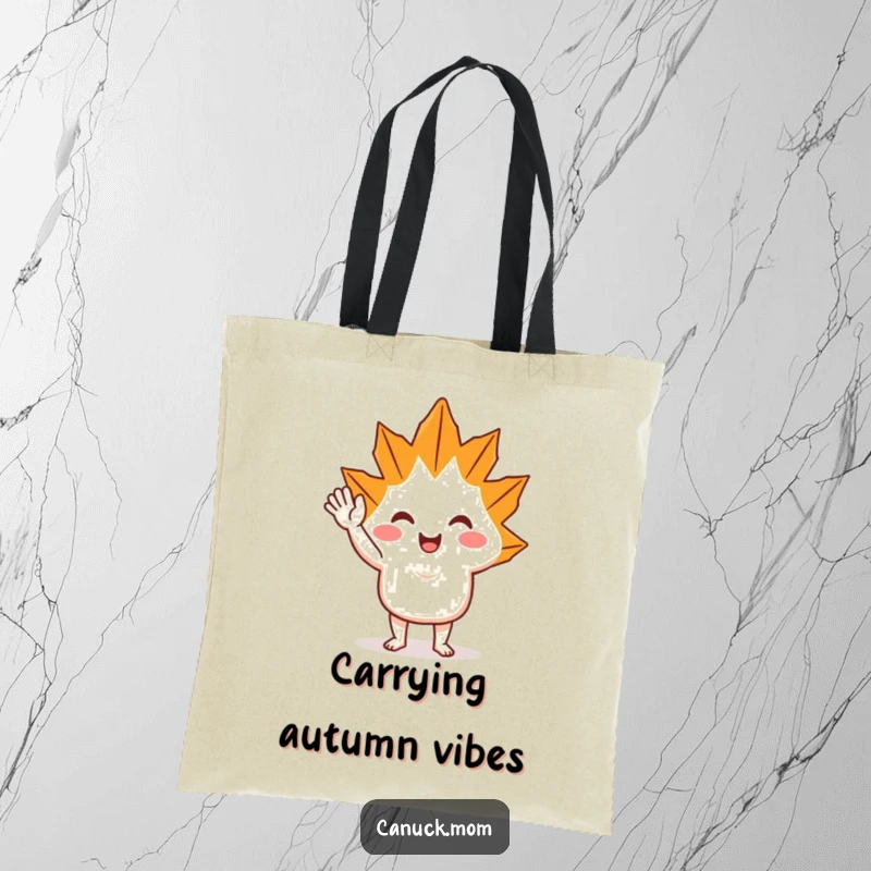 Funny Maple Leaf Wave Tote Bag: A durable bag featuring a cheerful maple leaf character waving enthusiastically for everyday use.