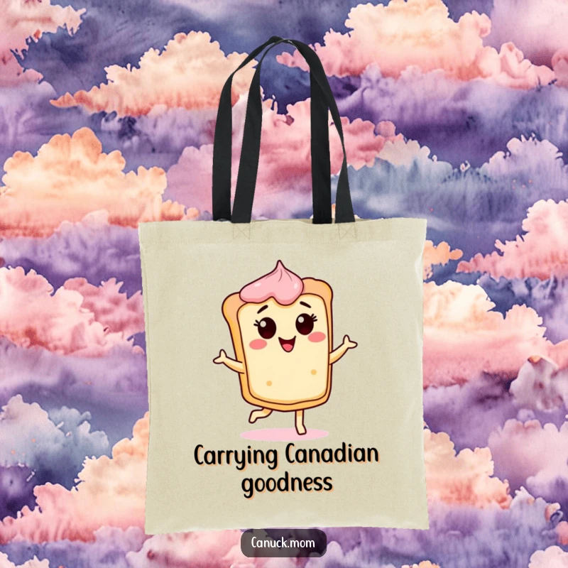 Funny Butter Tart Tote Bag with a cheerful, dancing tart character, great for shopping and a funny gift.