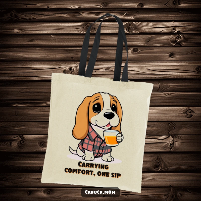 Funny Basset Hound Tote Bag: A stylish Basset Hound in a plaid shirt holds a cup of tea, perfect for carrying goodies.