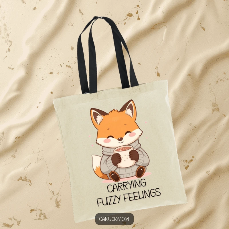 Funny Fox Cocoa Tote Bag: A smiling fox in a cozy sweater sips hot cocoa, a charming and humorous tote.