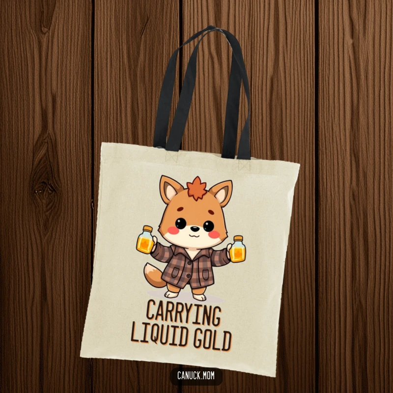 Funny Canadian animal wearing flannel shirt, juggling maple syrup bottles, a practical and humorous tote bag.